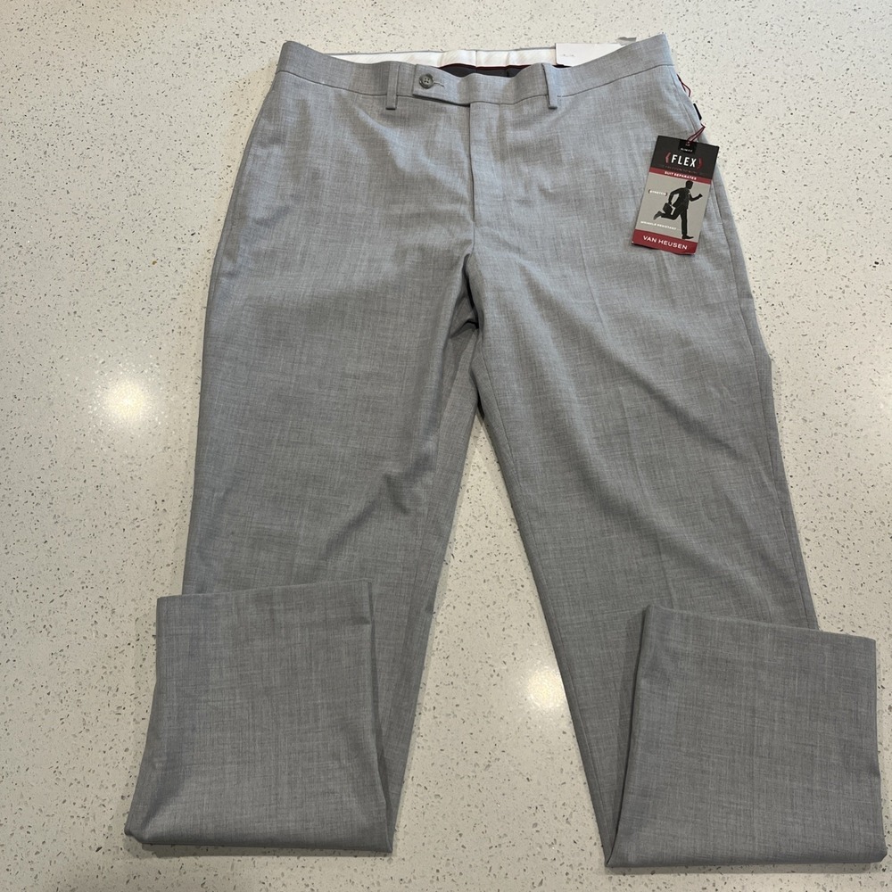 Van Heusen Dress Pants Mens 34x30 Gray Slim Fit Flex Flat Front NWT